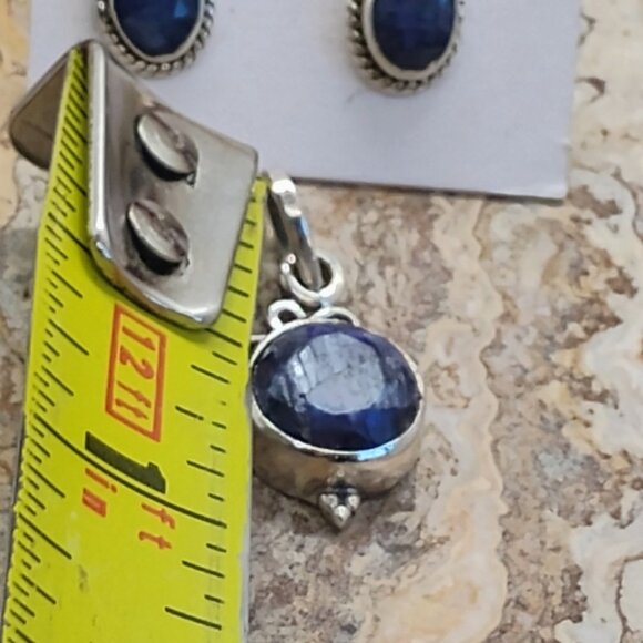 Sterling Silver Faceted Blue Sapphire Stud Earrings & Pendant Set Dainty Elegant - Picture 7 of 8